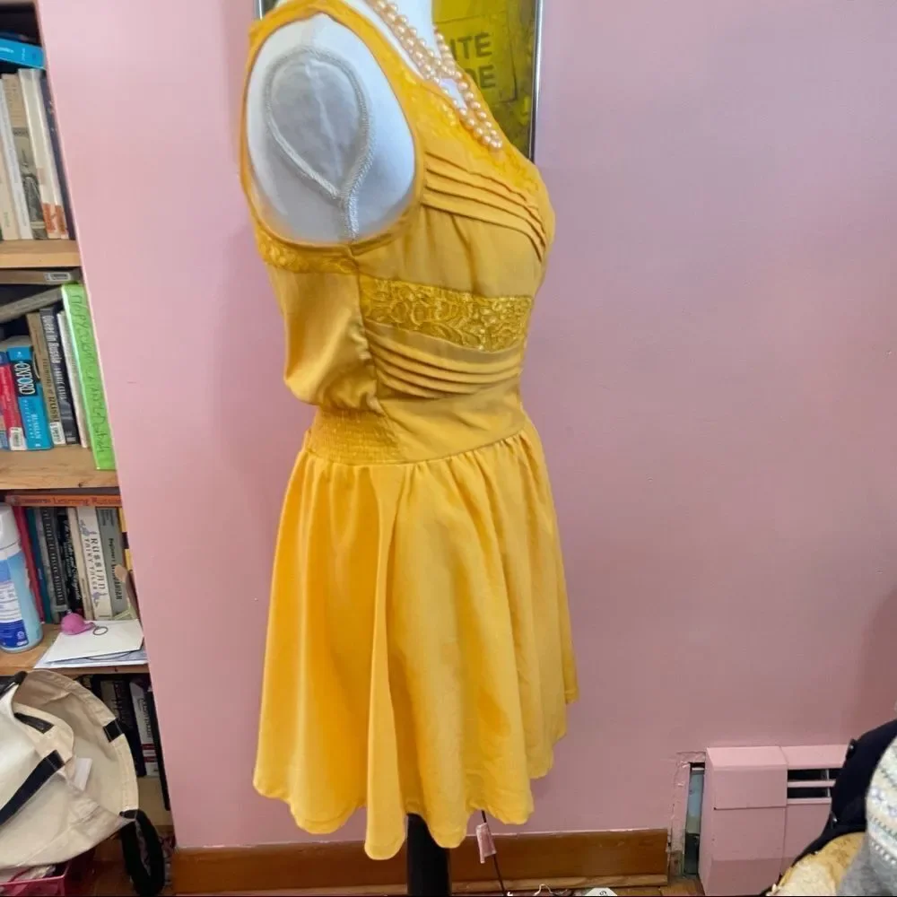 Hollywould Goldenrod Flowy Lace Wasp Waist Romper